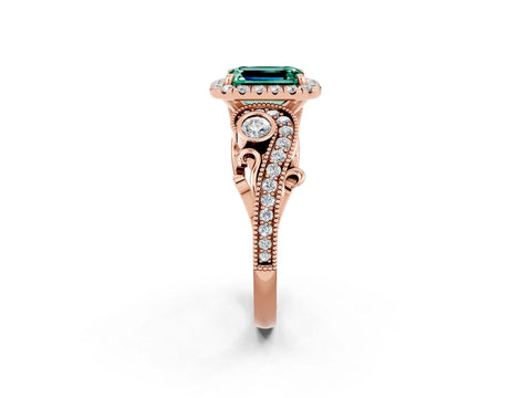 Rose gold Emerald Cut Green Sapphire Halo Ring with Milgrain Pavé Band and Four-Prong Setting_14