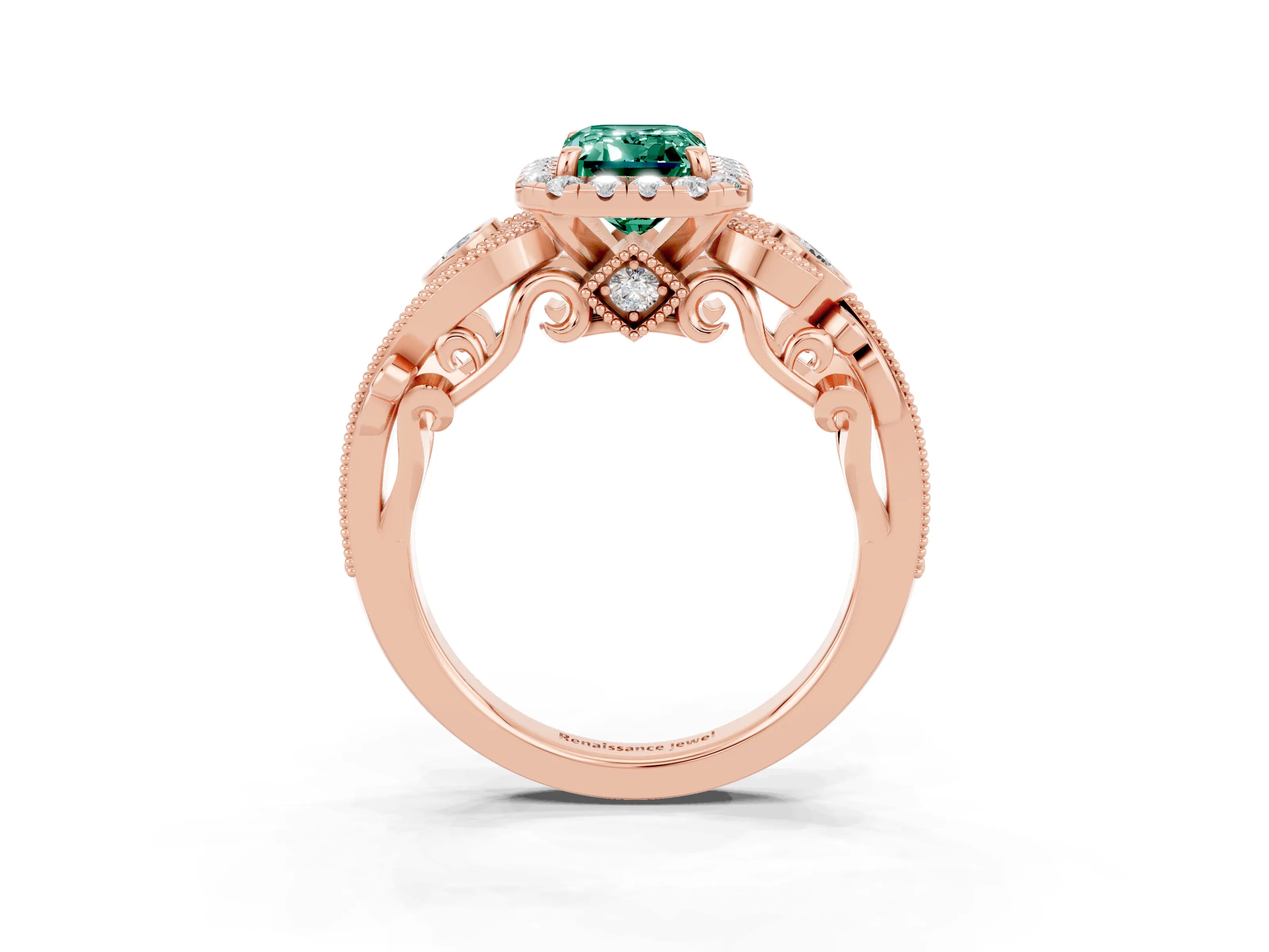 Rose gold Emerald Cut Green Sapphire Halo Ring with Milgrain Pavé Band and Four-Prong Setting_15