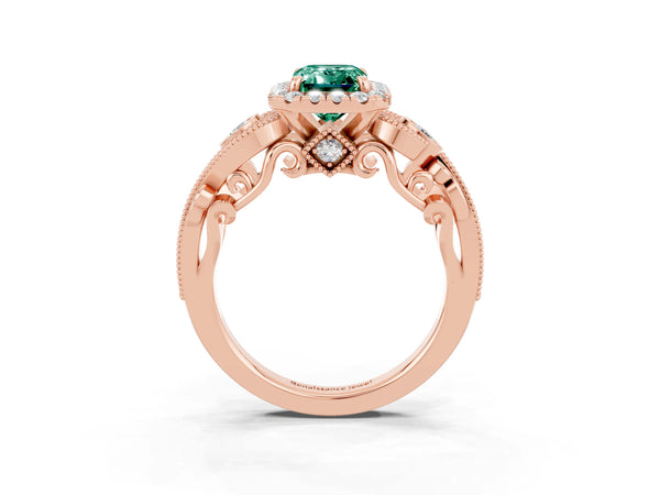 Rose gold Emerald Cut Green Sapphire Halo Ring with Milgrain Pavé Band and Four-Prong Setting