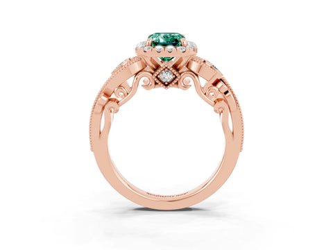 Rose gold Emerald Cut Green Sapphire Halo Ring with Milgrain Pavé Band and Four-Prong Setting_15