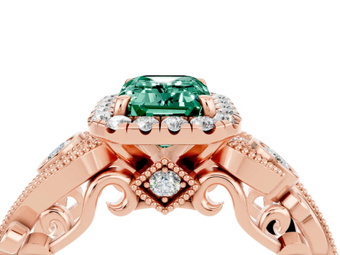 Rose gold Emerald Cut Green Sapphire Halo Ring with Milgrain Pavé Band and Four-Prong Setting_16