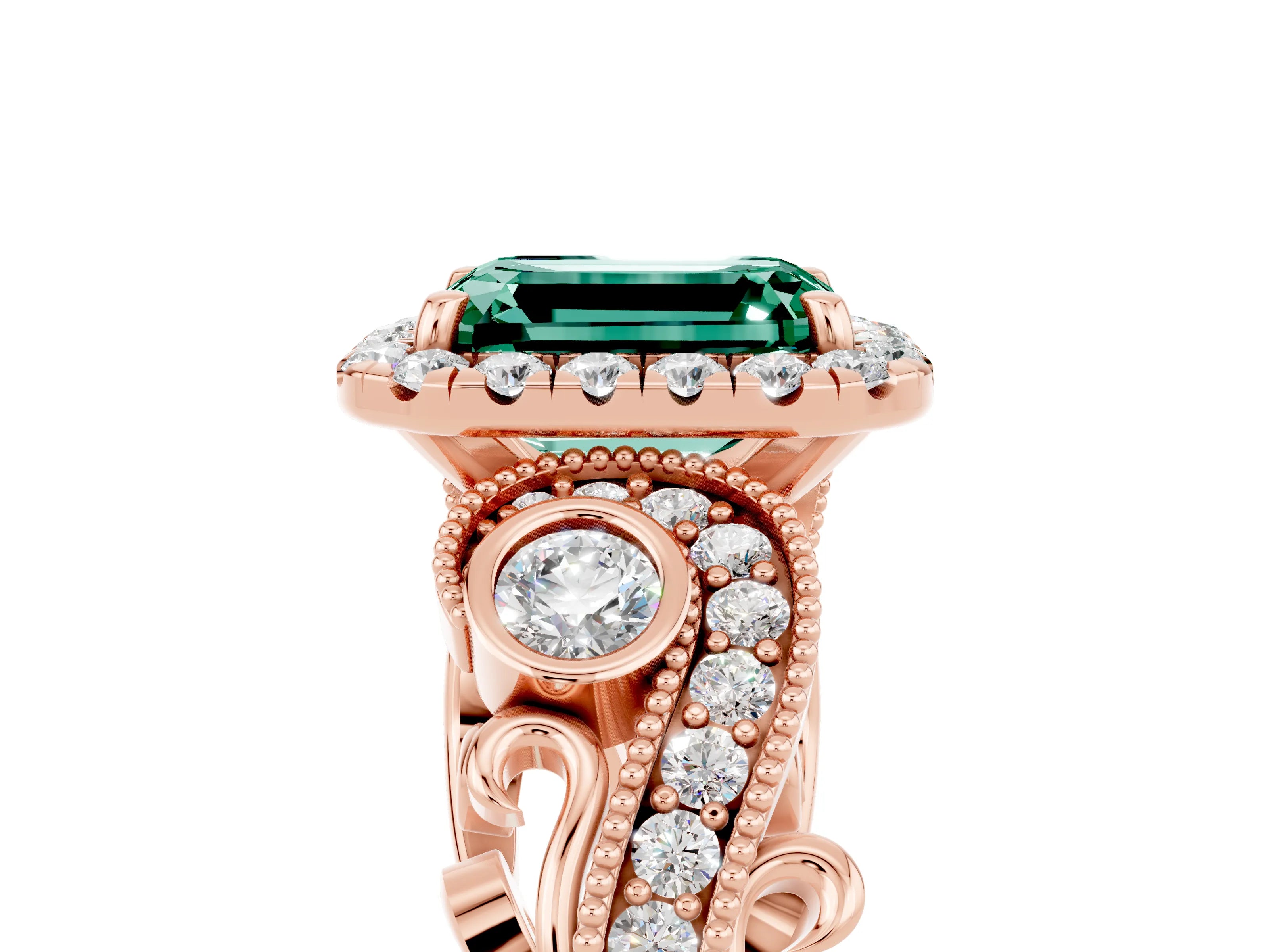 Rose gold Emerald Cut Green Sapphire Halo Ring with Milgrain Pavé Band and Four-Prong Setting_17