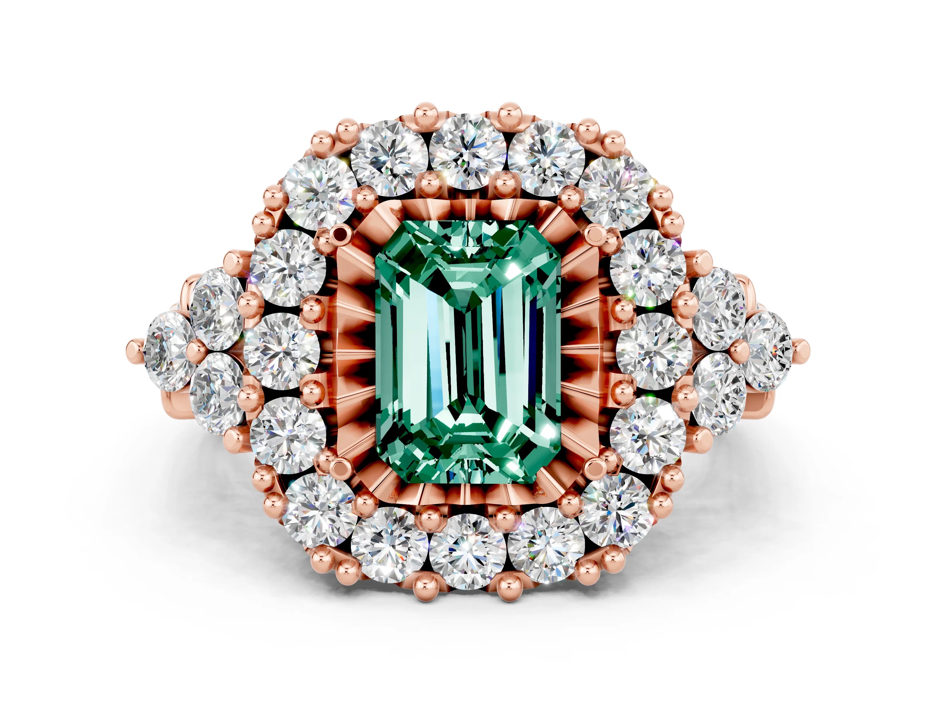 Rose gold Emerald Cut Green Sapphire Halo Ring with Pavé Band and Four-Prong Setting_12