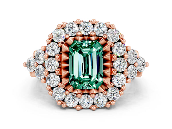 Rose gold Emerald Cut Green Sapphire Halo Ring with Pavé Band and Four-Prong Setting