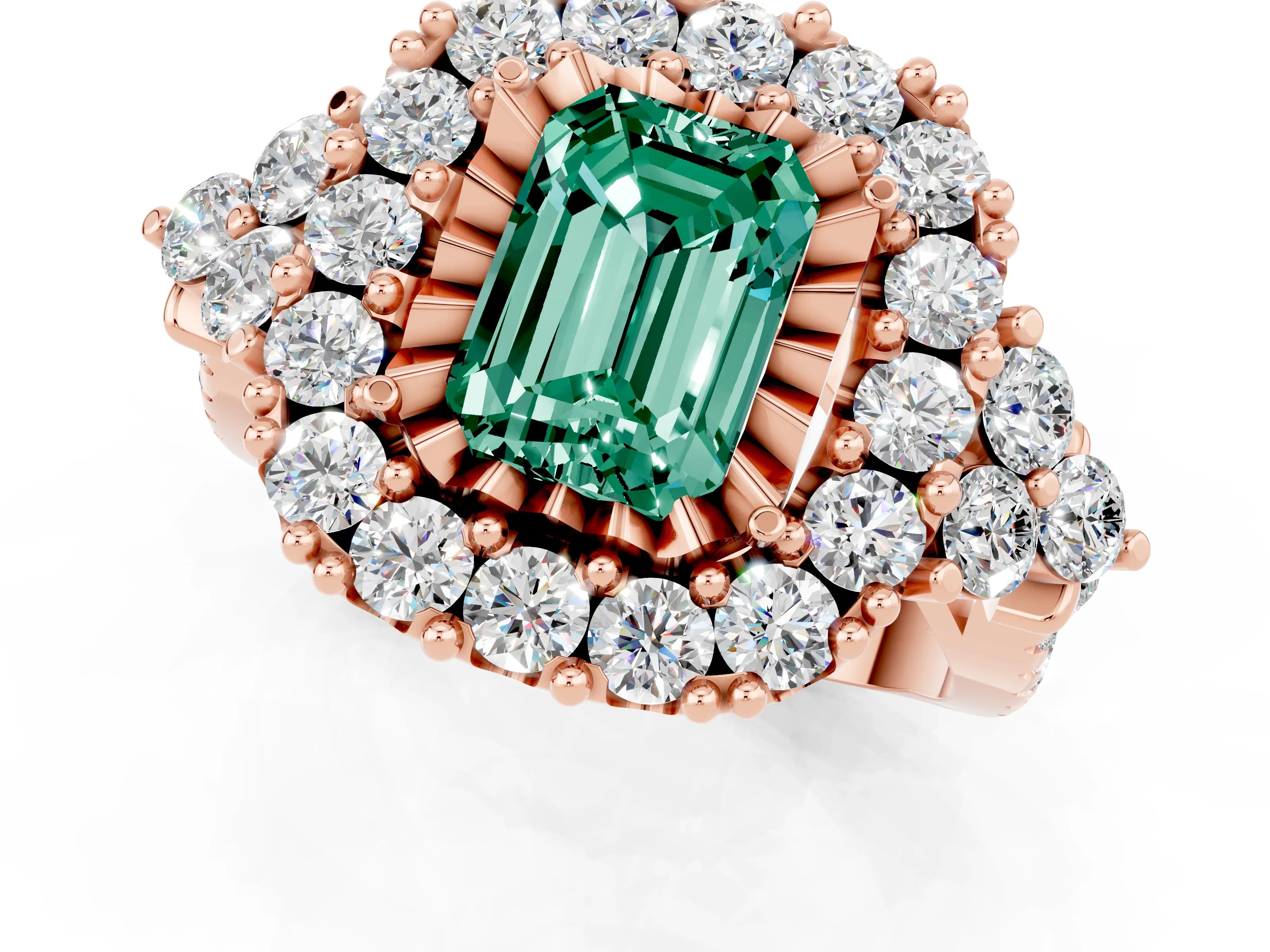 Rose gold Emerald Cut Green Sapphire Halo Ring with Pavé Band and Four-Prong Setting_13