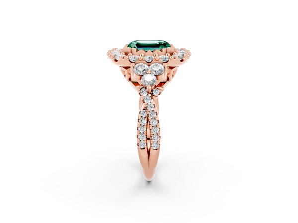 Rose gold Emerald Cut Green Sapphire Halo Ring with Pavé Band and Four-Prong Setting