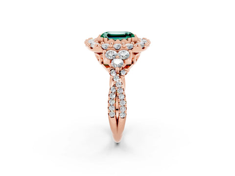 Rose gold Emerald Cut Green Sapphire Halo Ring with Pavé Band and Four-Prong Setting_14