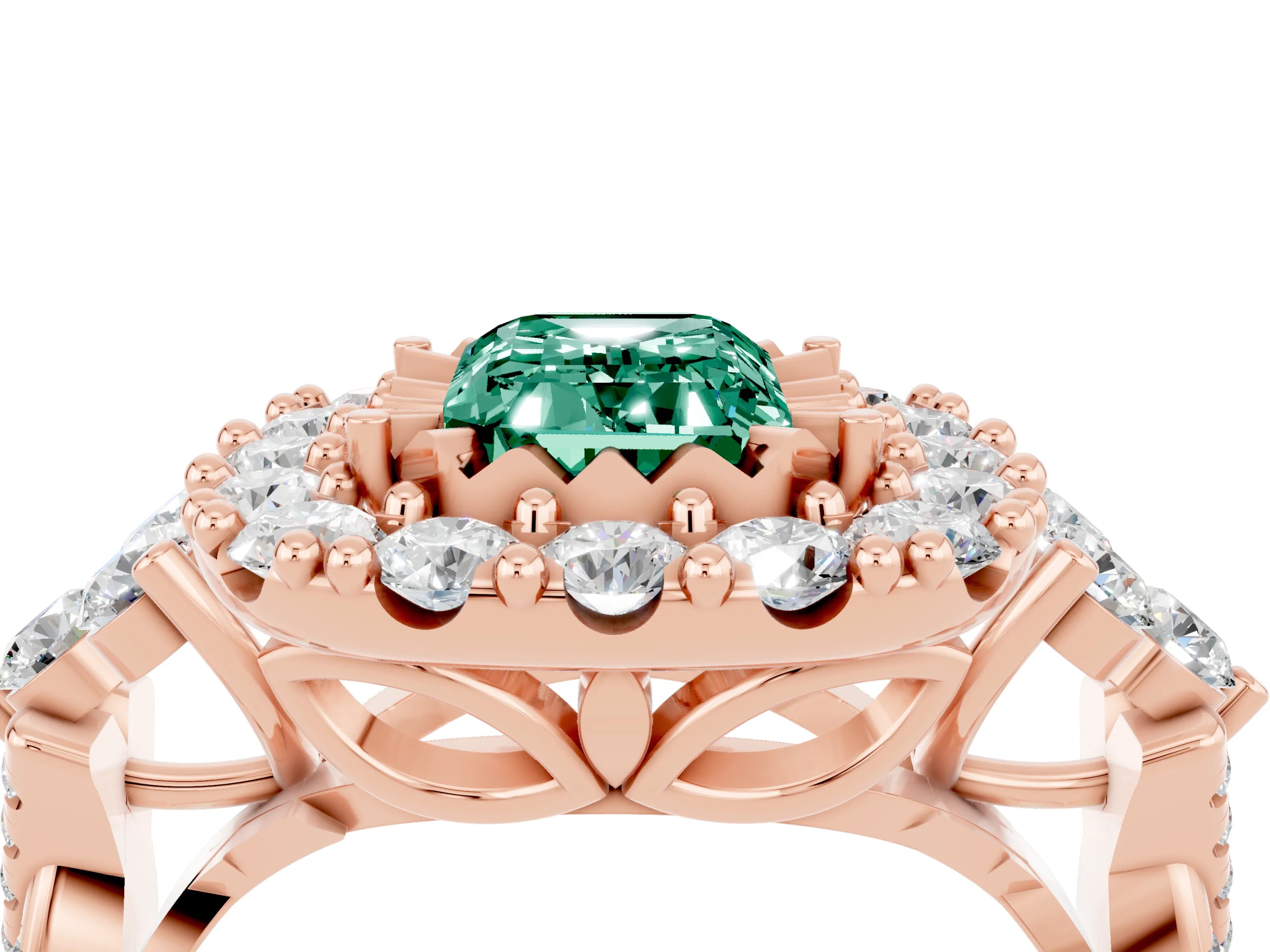 Rose gold Emerald Cut Green Sapphire Halo Ring with Pavé Band and Four-Prong Setting_16