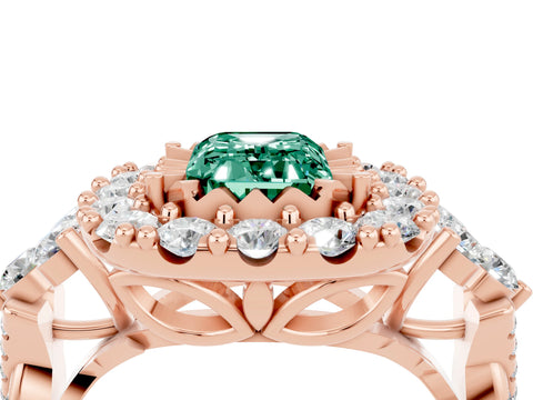 Rose gold Emerald Cut Green Sapphire Halo Ring with Pavé Band and Four-Prong Setting_16