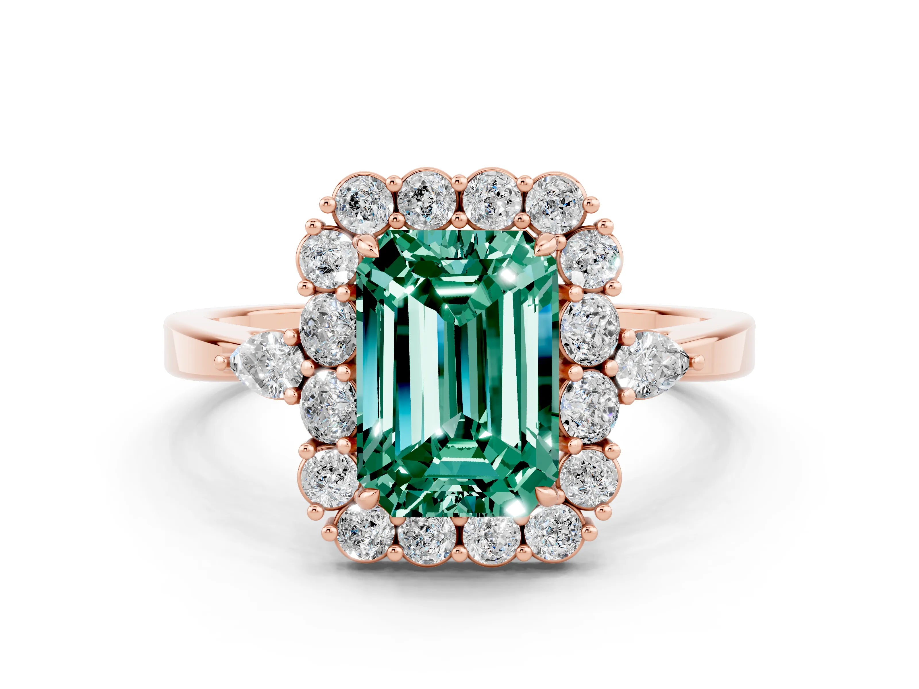 Rose gold Emerald Cut Green Sapphire Halo Ring with Pear Side Stones and Prong Setting_12
