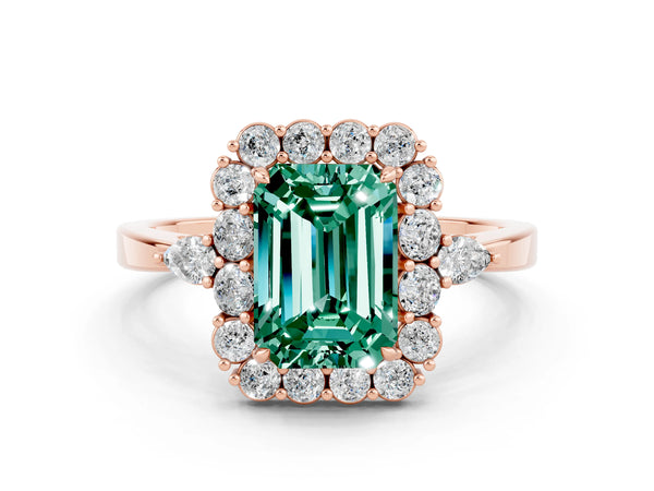 Rose gold Emerald Cut Green Sapphire Halo Ring with Pear Side Stones and Prong Setting