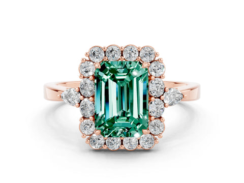 Rose gold Emerald Cut Green Sapphire Halo Ring with Pear Side Stones and Prong Setting_12