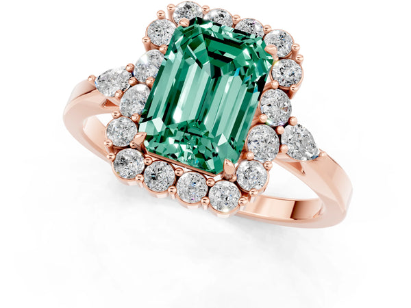 Rose gold Emerald Cut Green Sapphire Halo Ring with Pear Side Stones and Prong Setting