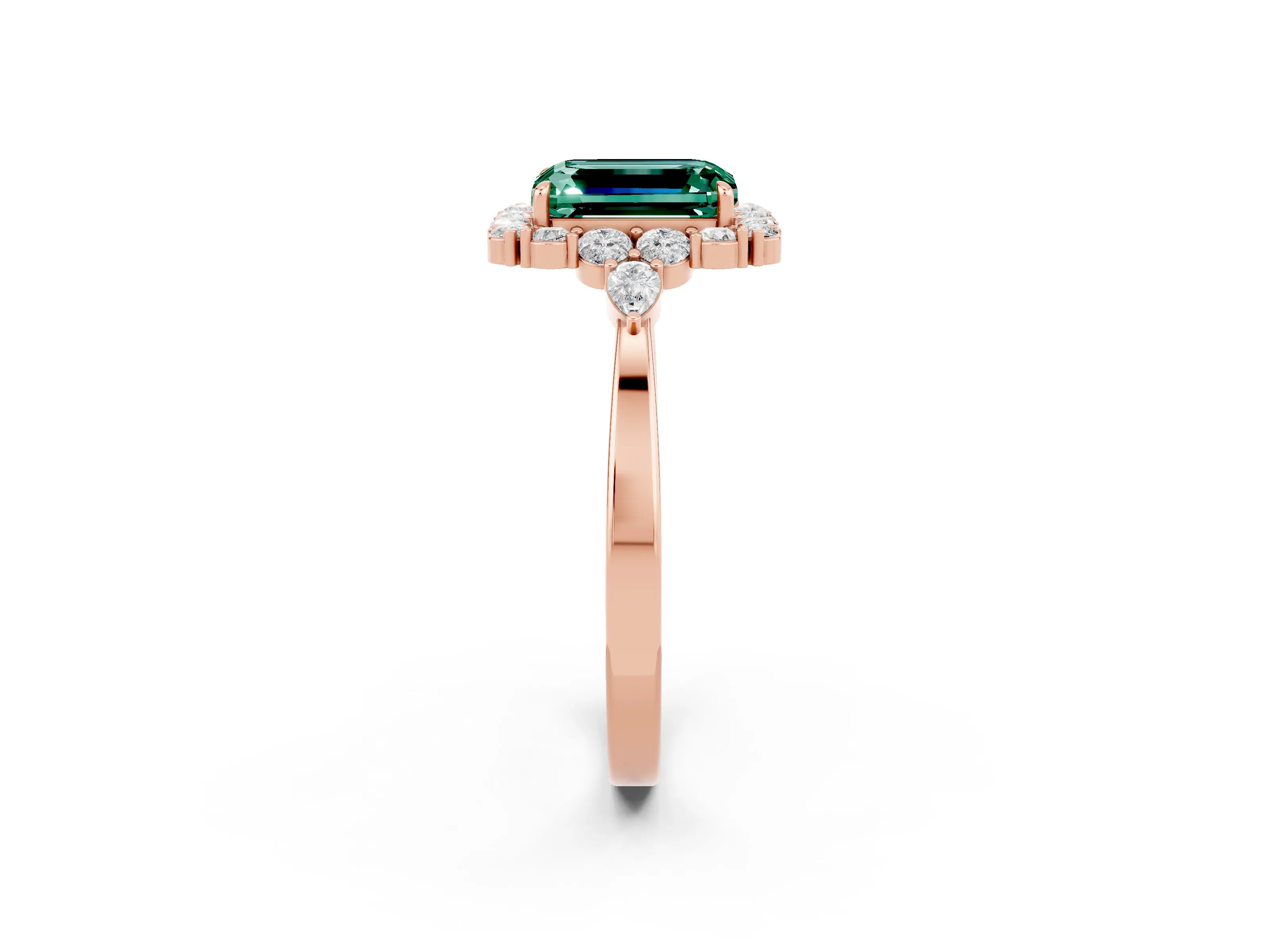 Rose gold Emerald Cut Green Sapphire Halo Ring with Pear Side Stones and Prong Setting_14