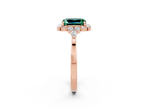 Rose gold Emerald Cut Green Sapphire Halo Ring with Pear Side Stones and Prong Setting_14