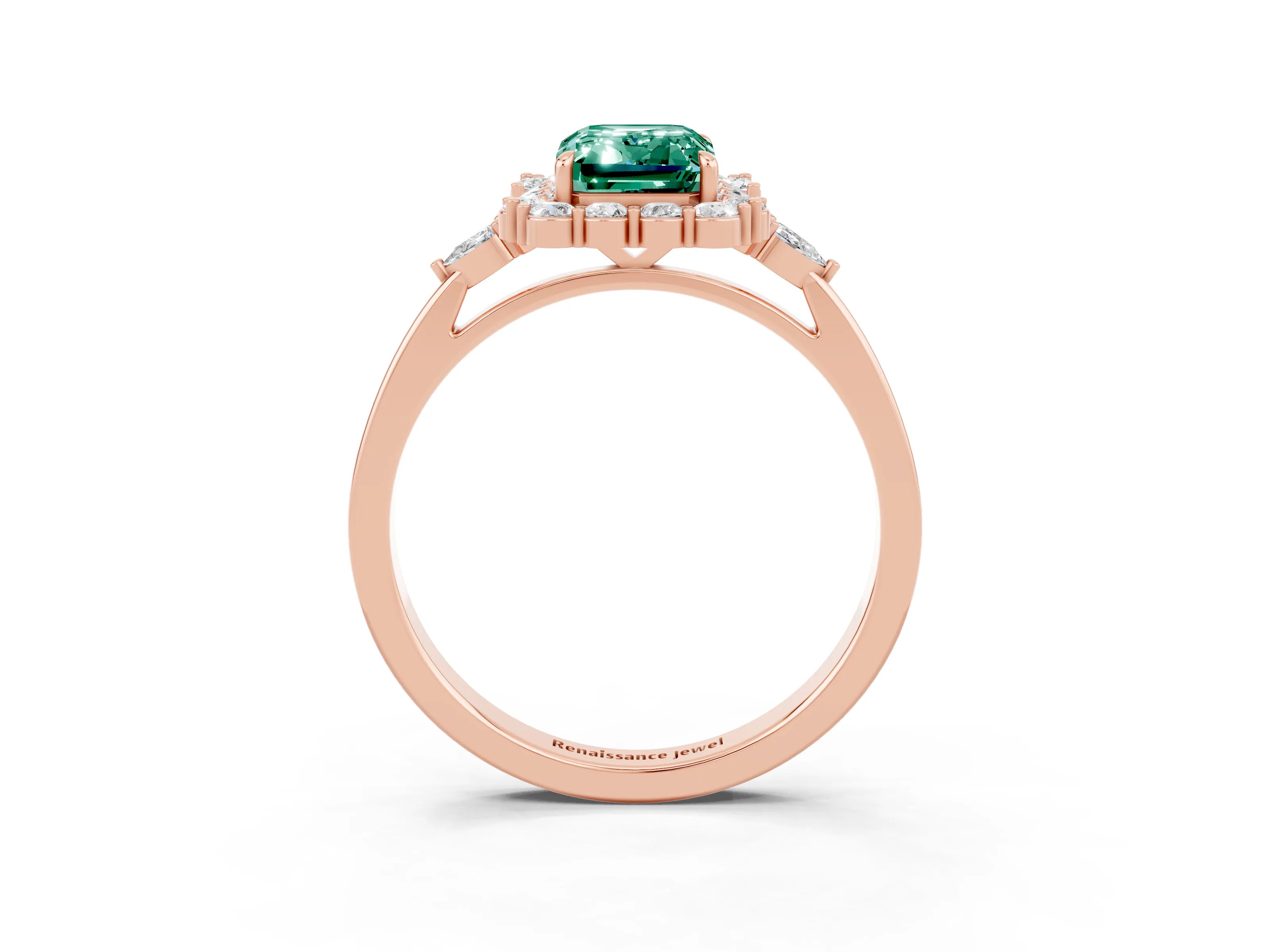 Rose gold Emerald Cut Green Sapphire Halo Ring with Pear Side Stones and Prong Setting_15