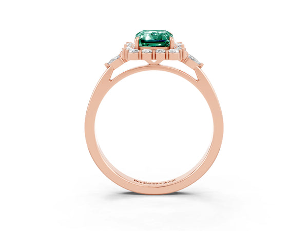 Rose gold Emerald Cut Green Sapphire Halo Ring with Pear Side Stones and Prong Setting