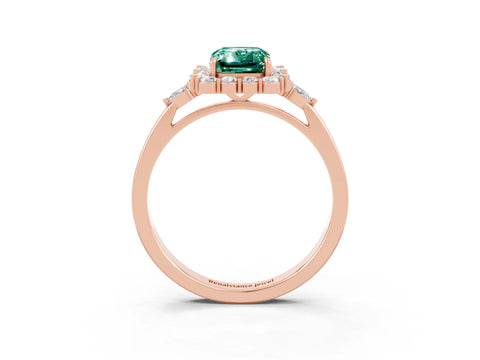 Rose gold Emerald Cut Green Sapphire Halo Ring with Pear Side Stones and Prong Setting_15