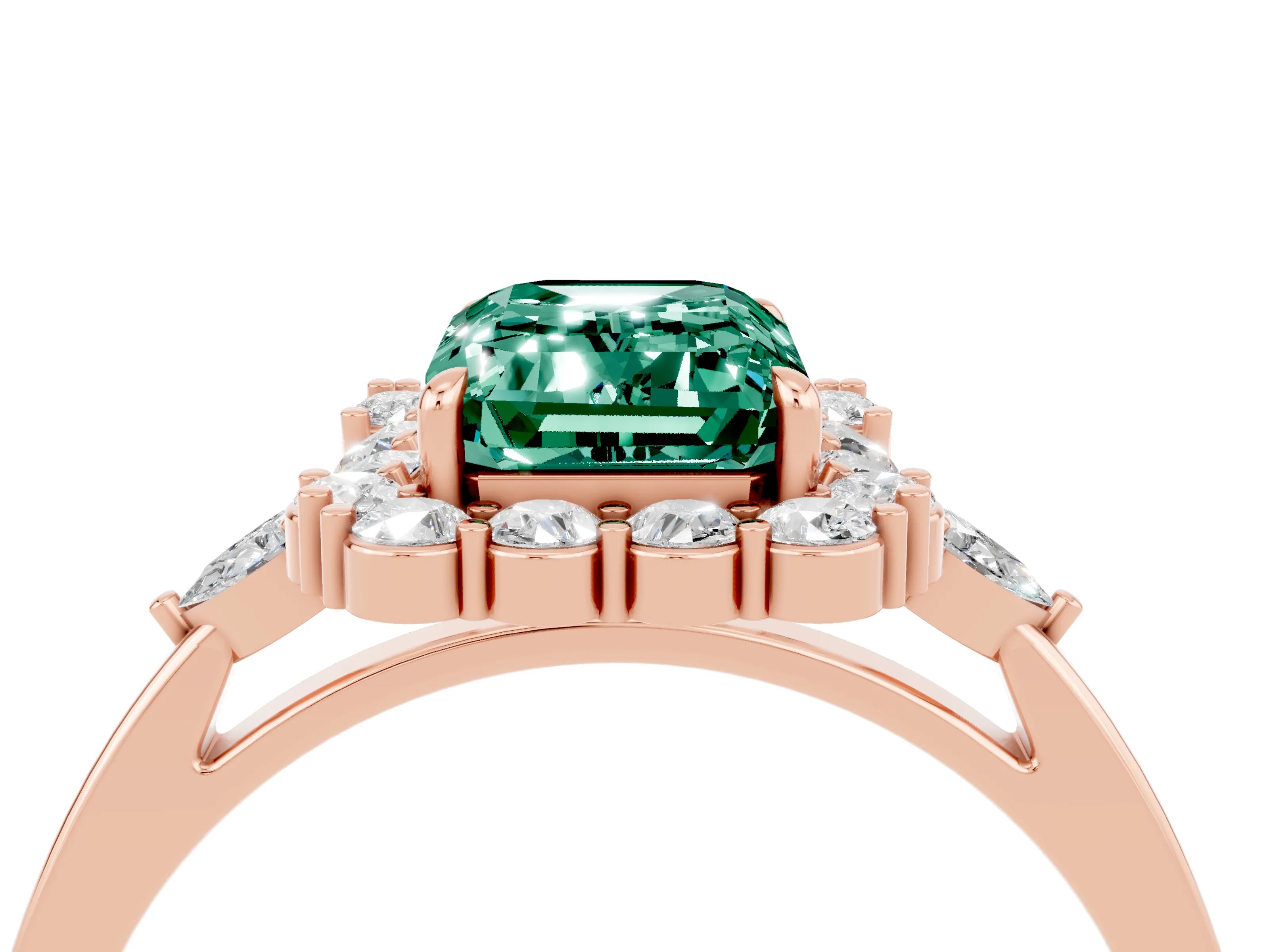 Rose gold Emerald Cut Green Sapphire Halo Ring with Pear Side Stones and Prong Setting_16