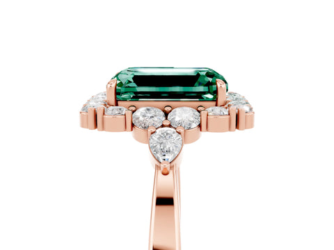 Rose gold Emerald Cut Green Sapphire Halo Ring with Pear Side Stones and Prong Setting_17
