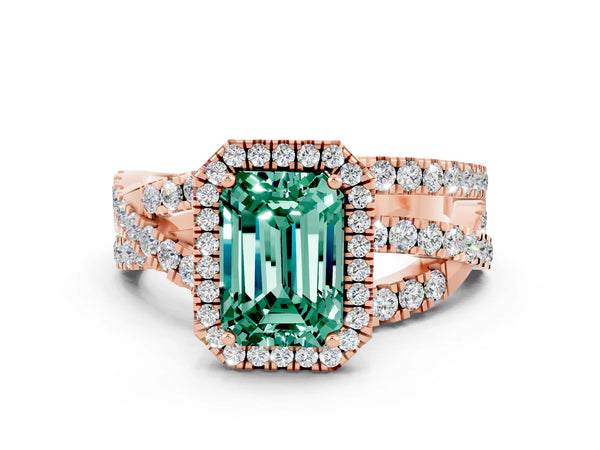 Rose gold Emerald Cut Green Sapphire Halo Ring with Round Split Shank and Prong Setting