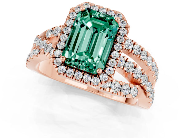 Rose gold Emerald Cut Green Sapphire Halo Ring with Round Split Shank and Prong Setting