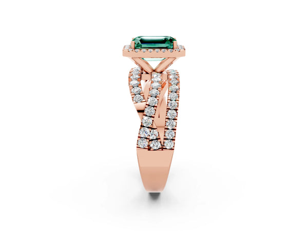 Rose gold Emerald Cut Green Sapphire Halo Ring with Round Split Shank and Prong Setting