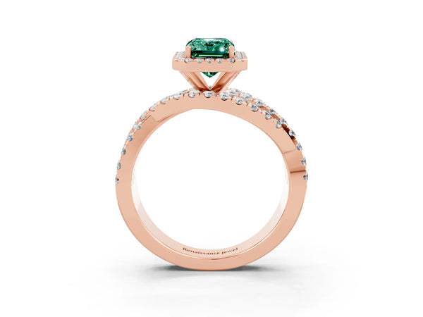 Rose gold Emerald Cut Green Sapphire Halo Ring with Round Split Shank and Prong Setting