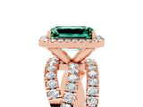 Rose gold Emerald Cut Green Sapphire Halo Ring with Round Split Shank and Prong Setting_53