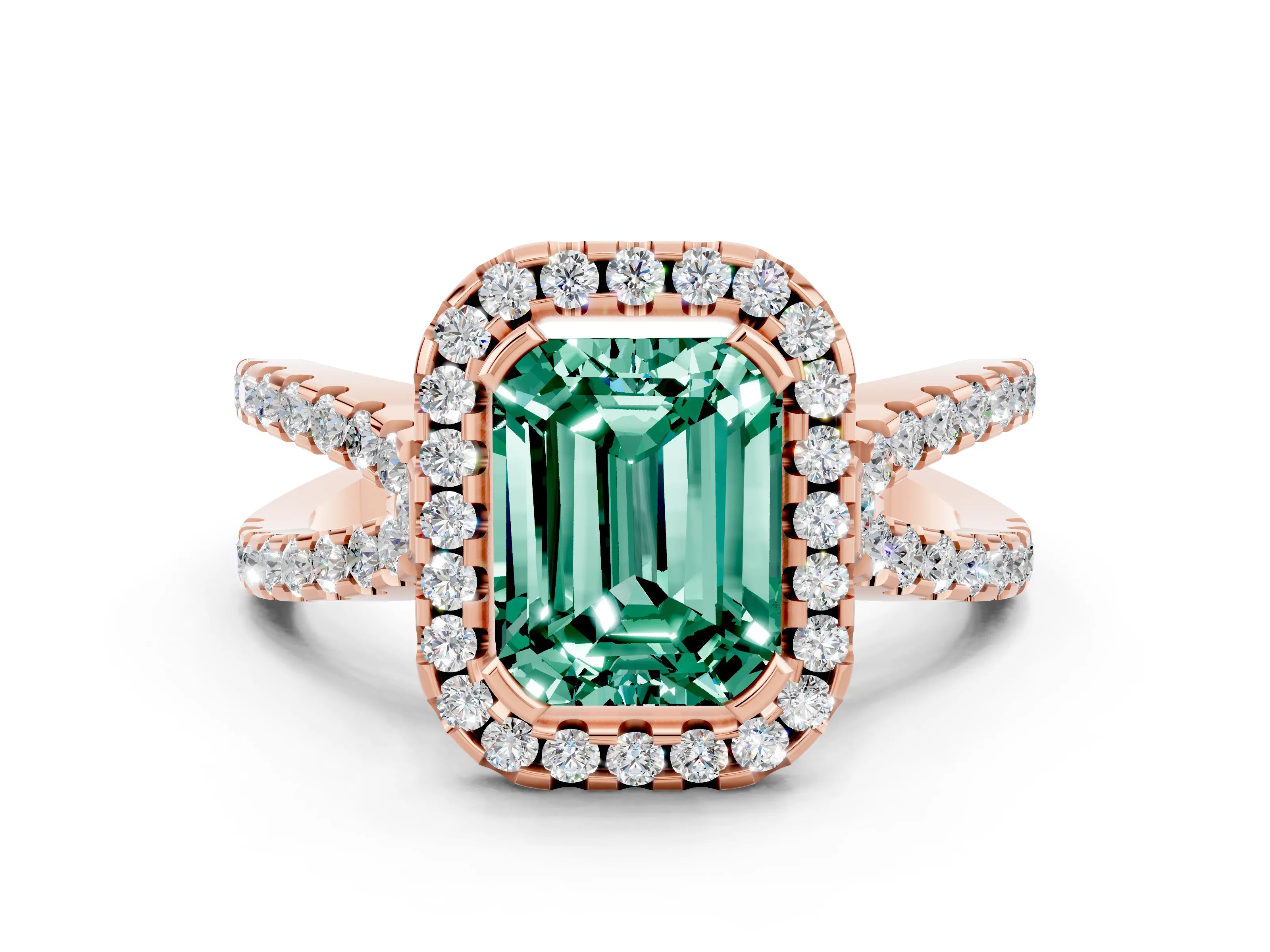 Rose gold Emerald Cut Green Sapphire Halo Ring with Split Shank Pavé Band and Prong Setting