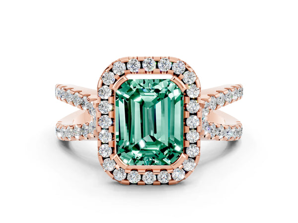 Rose gold Emerald Cut Green Sapphire Halo Ring with Split Shank Pavé Band and Prong Setting