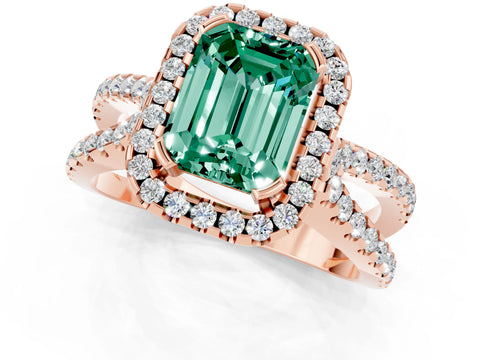 Rose gold Emerald Cut Green Sapphire Halo Ring with Split Shank Pavé Band and Prong Setting_1