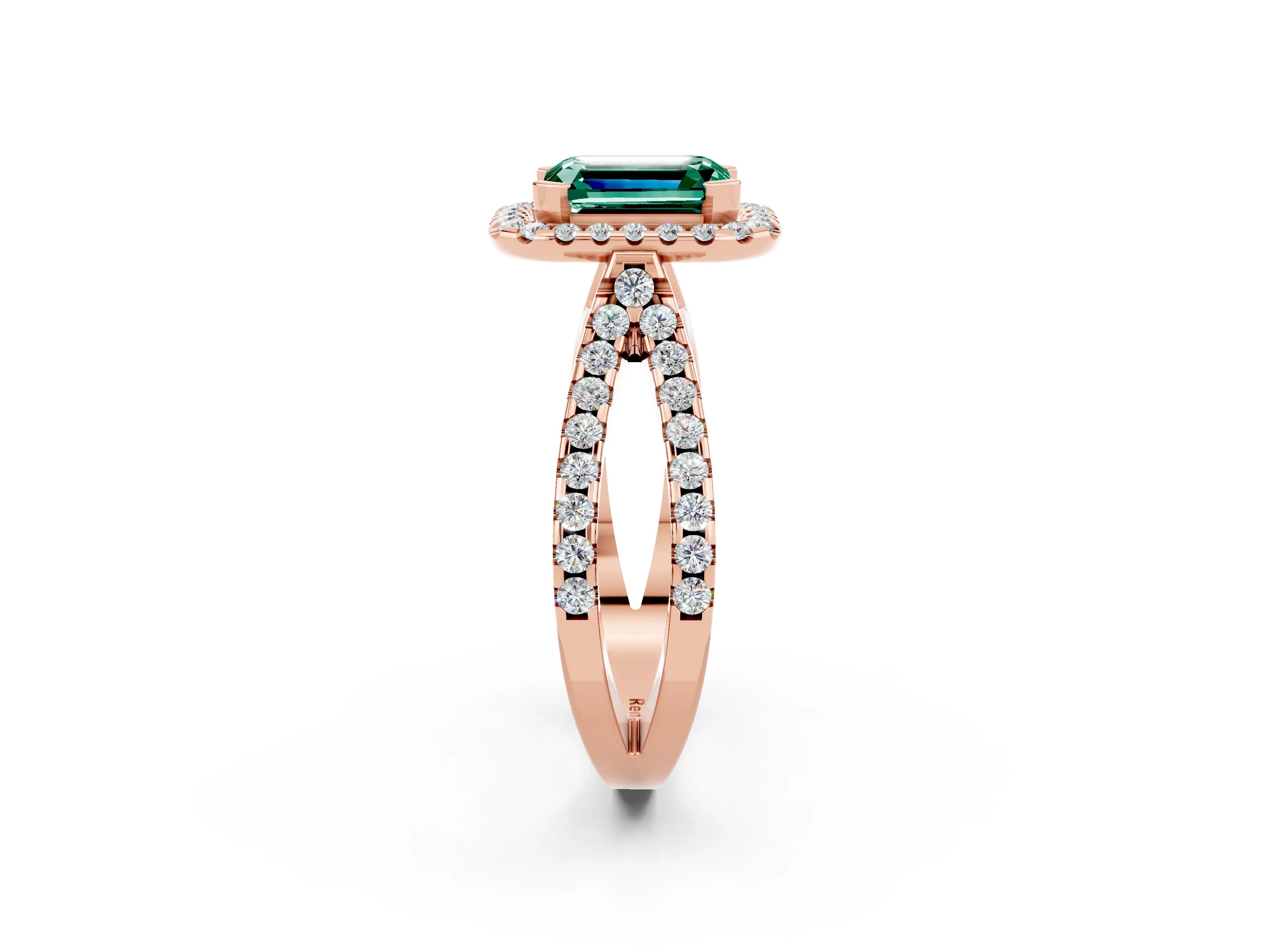 Rose gold Emerald Cut Green Sapphire Halo Ring with Split Shank Pavé Band and Prong Setting_2