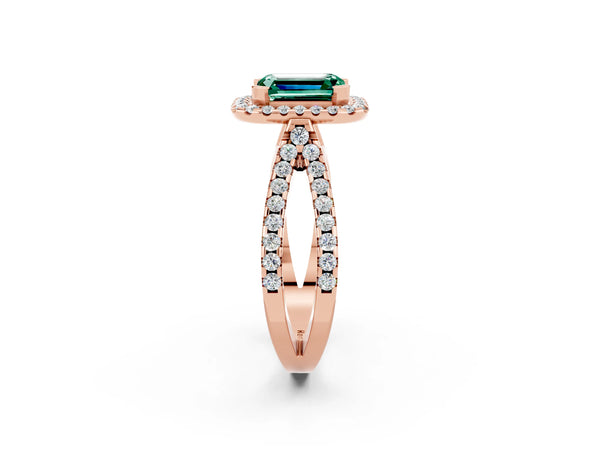 Rose gold Emerald Cut Green Sapphire Halo Ring with Split Shank Pavé Band and Prong Setting