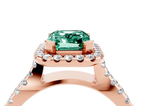 Rose gold Emerald Cut Green Sapphire Halo Ring with Split Shank Pavé Band and Prong Setting_4
