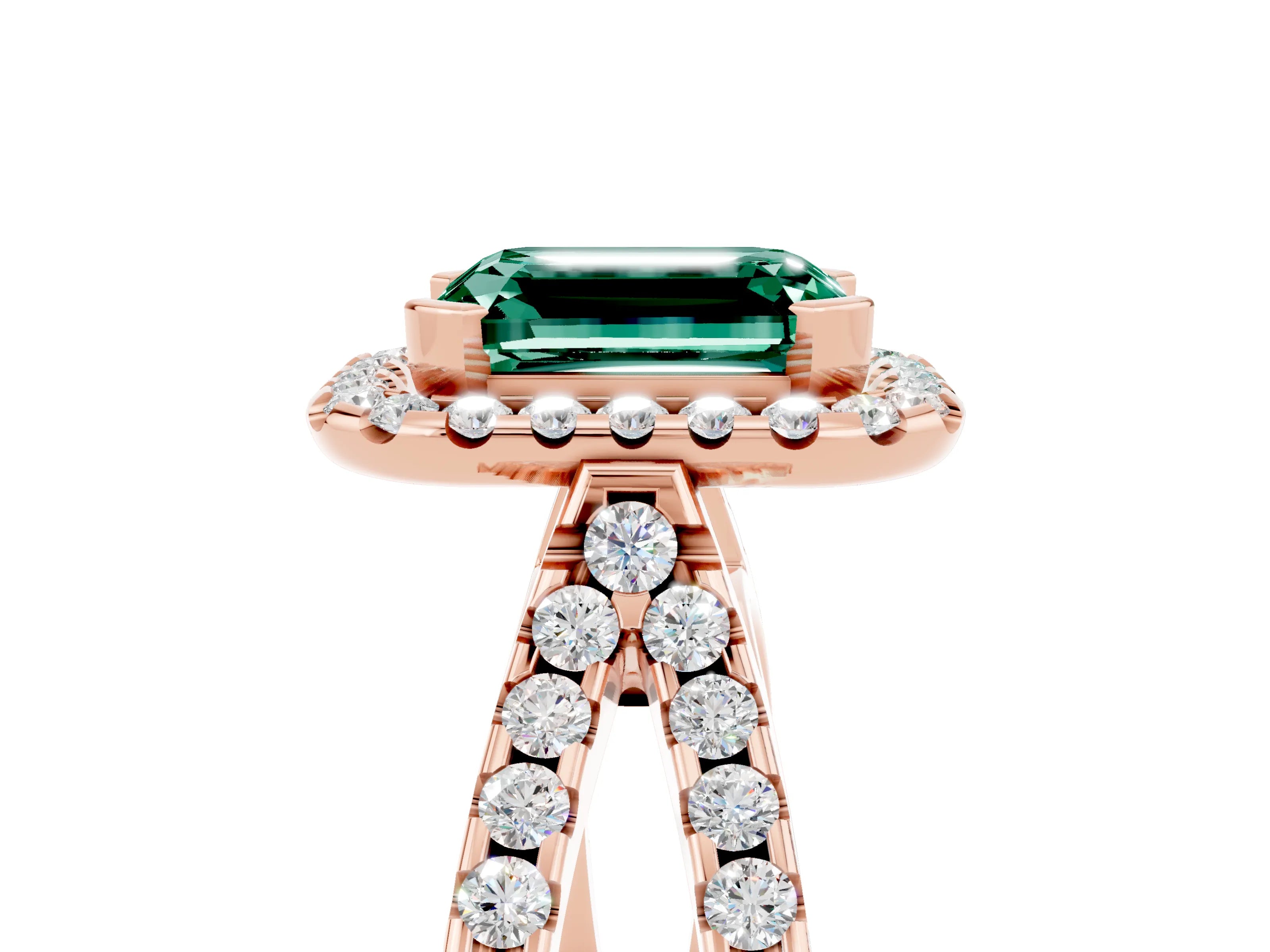 Rose gold Emerald Cut Green Sapphire Halo Ring with Split Shank Pavé Band and Prong Setting_5