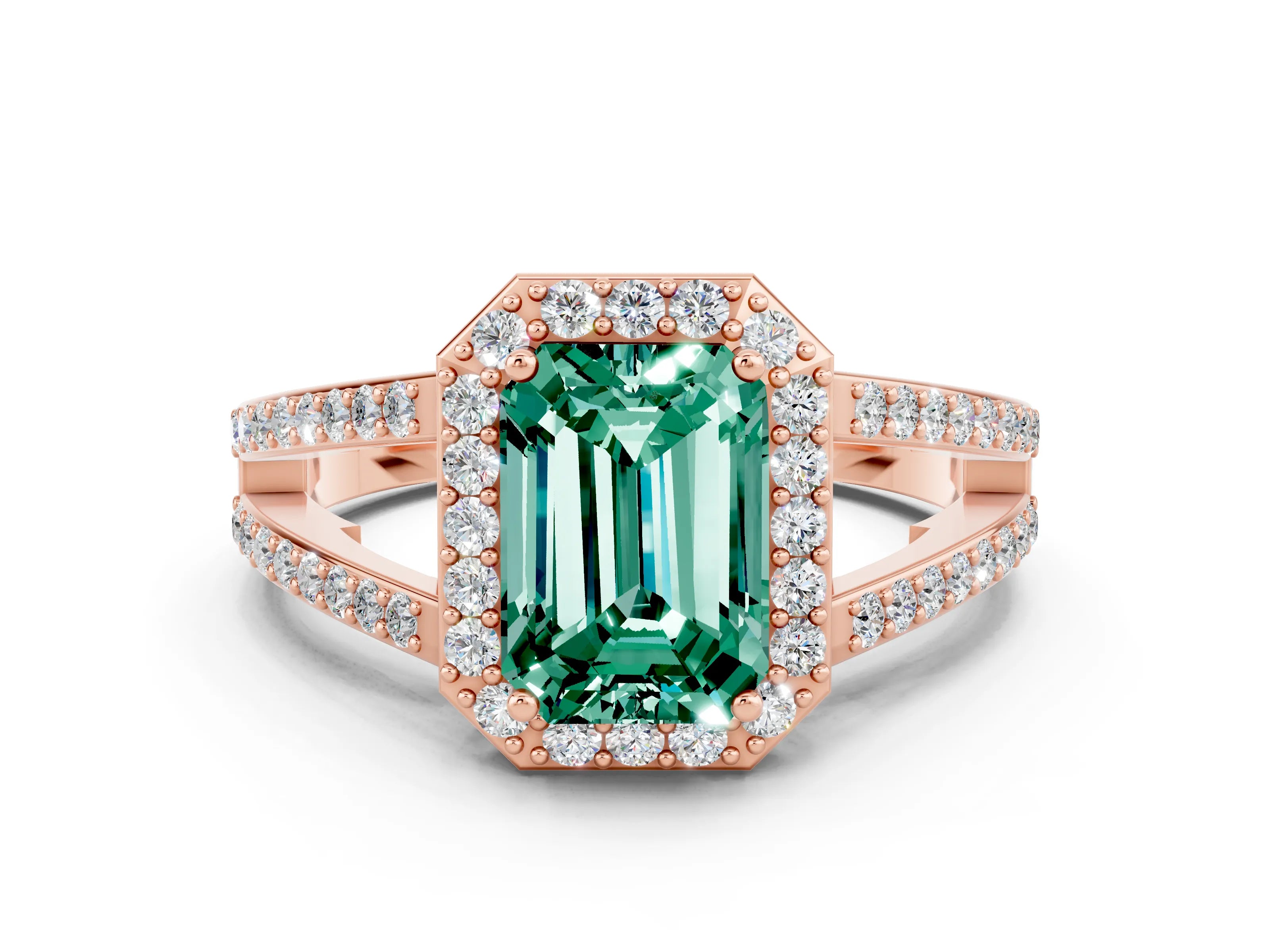 Rose gold Emerald Cut Green Sapphire Halo Ring with Split Shank U-Prong Band and Four-Prong Setting