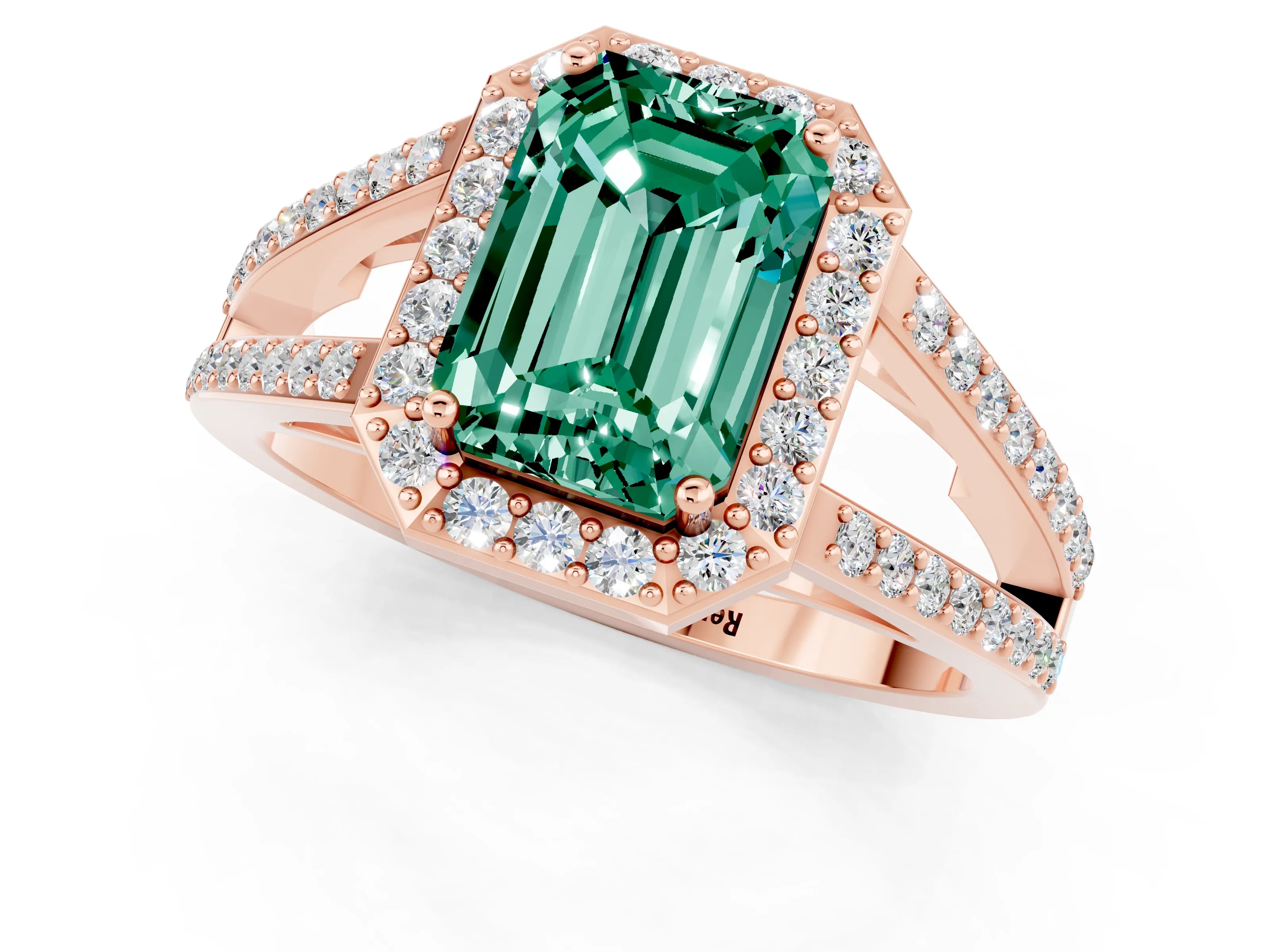 Rose gold Emerald Cut Green Sapphire Halo Ring with Split Shank U-Prong Band and Four-Prong Setting_1