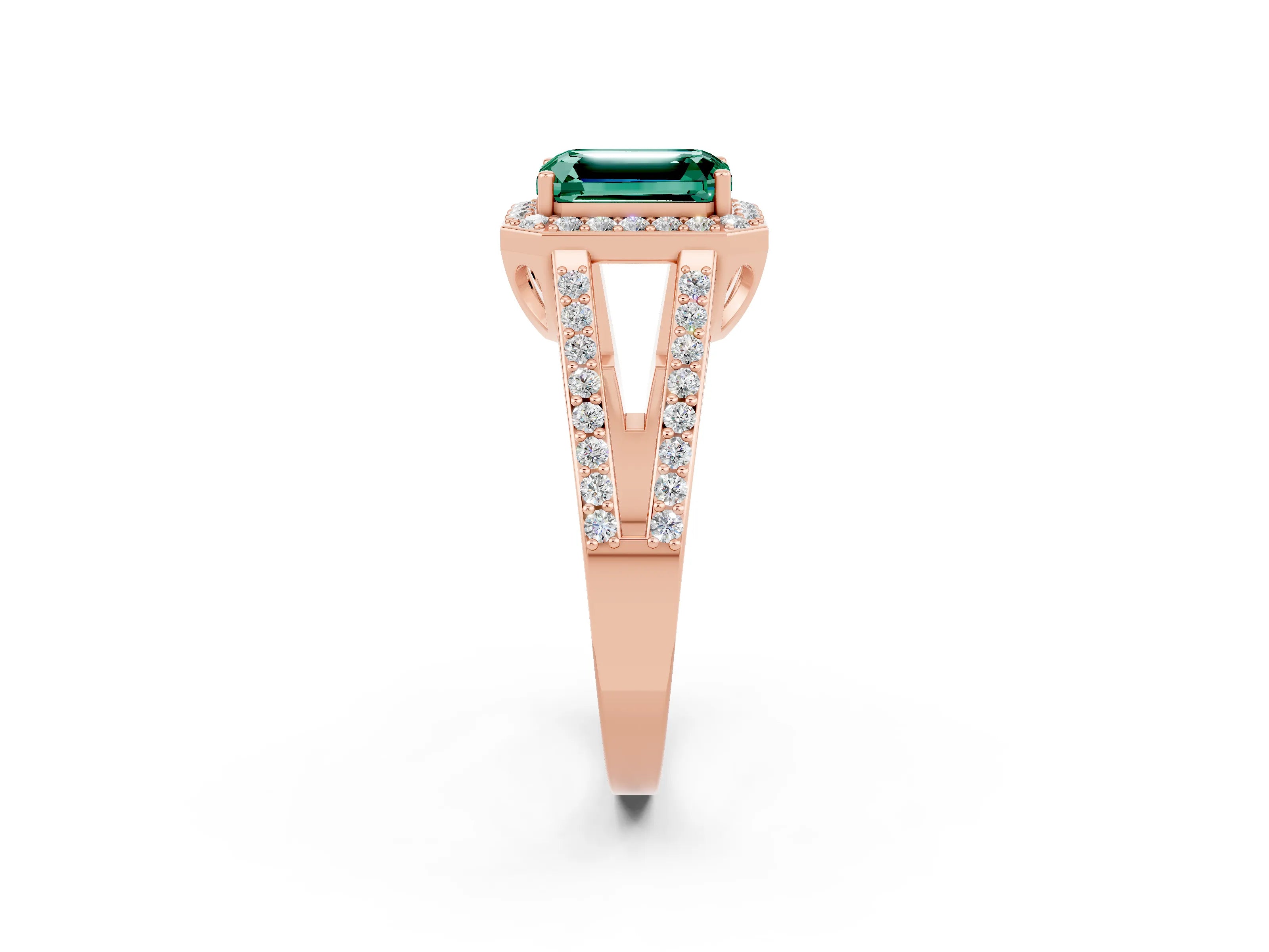 Rose gold Emerald Cut Green Sapphire Halo Ring with Split Shank U-Prong Band and Four-Prong Setting_2