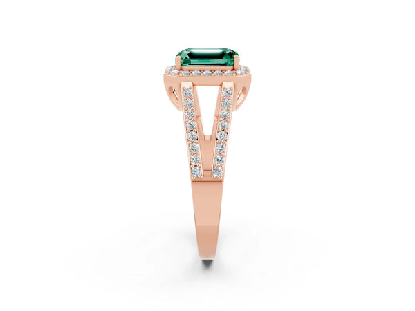 Rose gold Emerald Cut Green Sapphire Halo Ring with Split Shank U-Prong Band and Four-Prong Setting