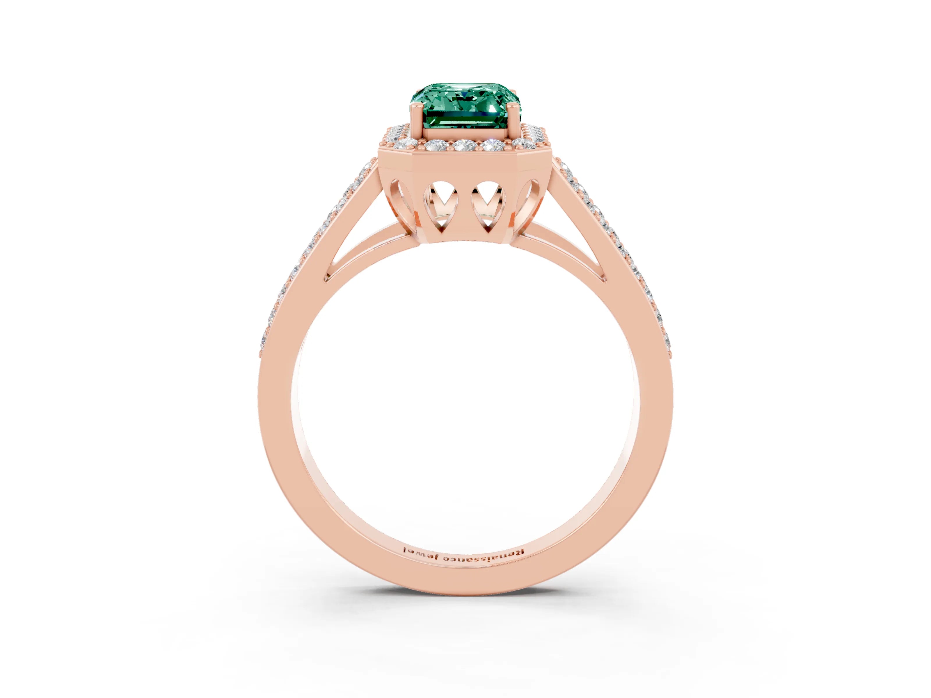 Rose gold Emerald Cut Green Sapphire Halo Ring with Split Shank U-Prong Band and Four-Prong Setting_3