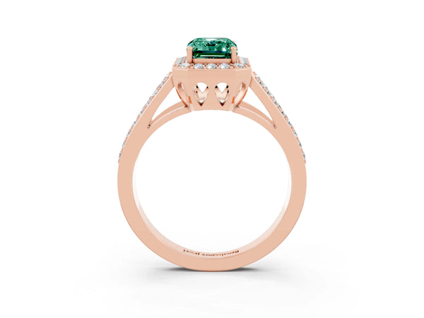 Rose gold Emerald Cut Green Sapphire Halo Ring with Split Shank U-Prong Band and Four-Prong Setting