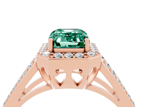 Rose gold Emerald Cut Green Sapphire Halo Ring with Split Shank U-Prong Band and Four-Prong Setting_4