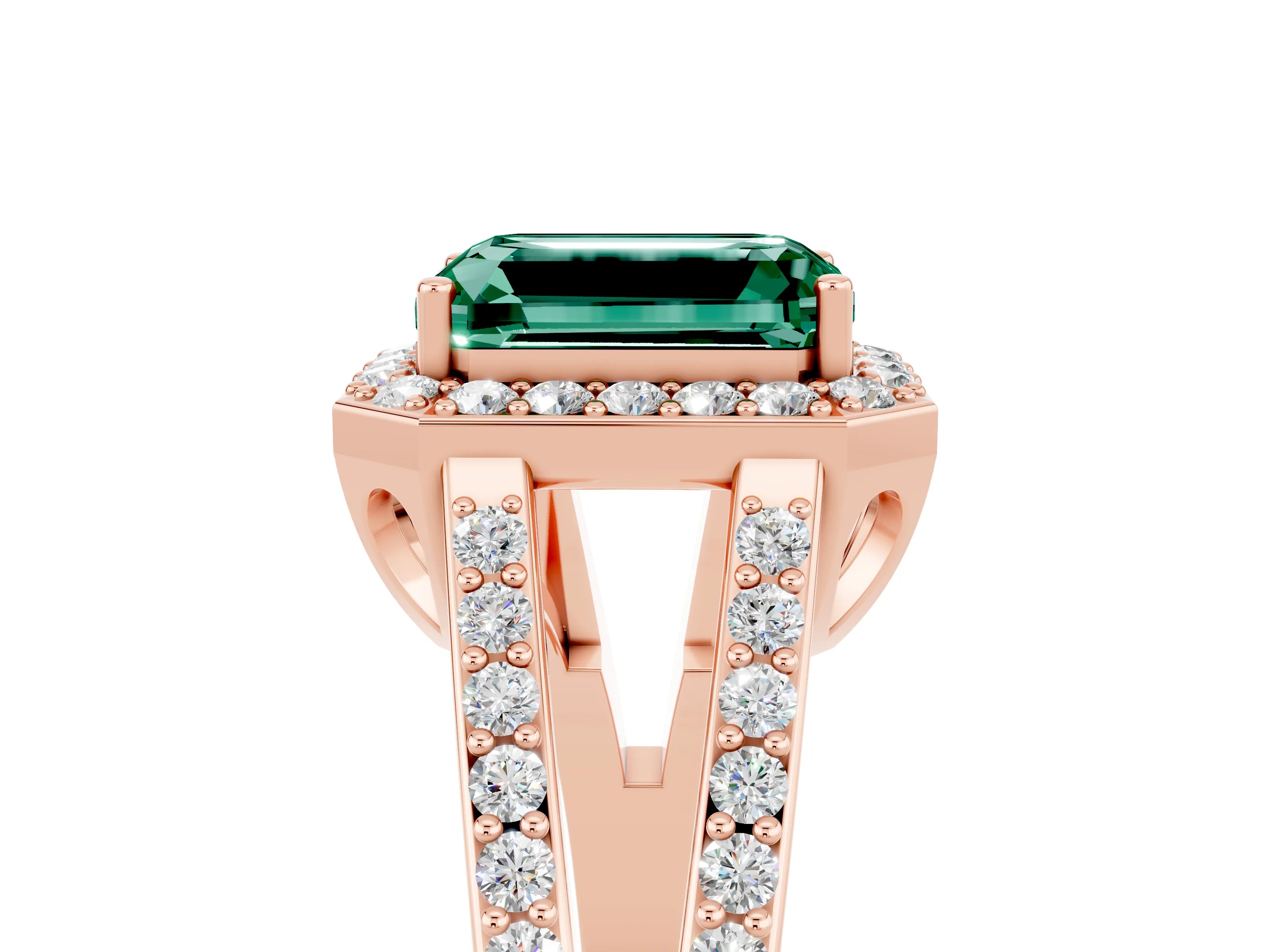 Rose gold Emerald Cut Green Sapphire Halo Ring with Split Shank U-Prong Band and Four-Prong Setting_5
