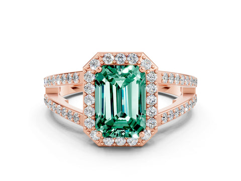 Rose gold Emerald Cut Green Sapphire Halo Ring with Split Shank U-Prong Band and Four-Prong Setting