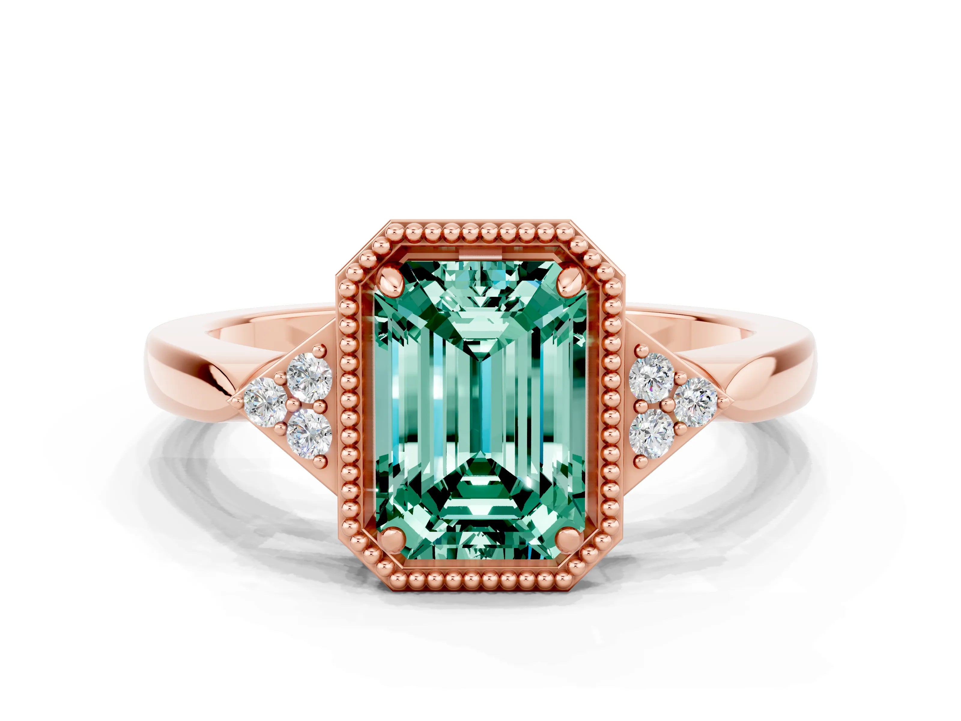 Rose gold Emerald Cut Green Sapphire Halo Ring with Tapered Band and Four-Prong Setting