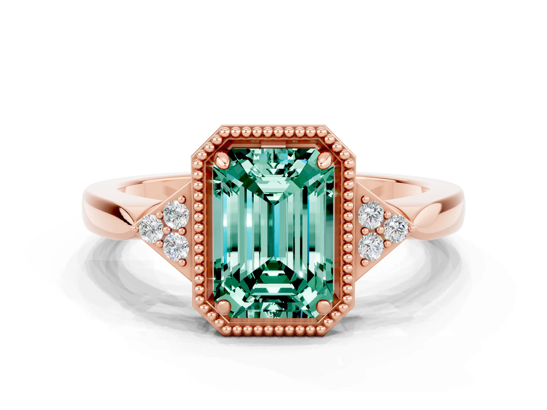 Rose gold Emerald Cut Green Sapphire Halo Ring with Tapered Band and Four-Prong Setting