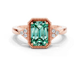 Rose gold Emerald Cut Green Sapphire Halo Ring with Tapered Band and Four-Prong Setting