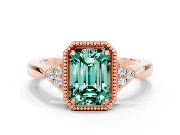 Rose gold Emerald Cut Green Sapphire Halo Ring with Tapered Band and Four-Prong Setting