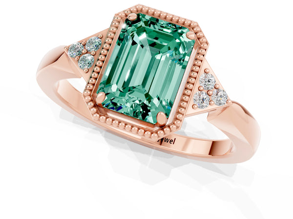 Rose gold Emerald Cut Green Sapphire Halo Ring with Tapered Band and Four-Prong Setting